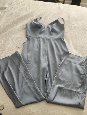 Azazie Dusty Blue Satin Spaghetti Strap Jumpsuit